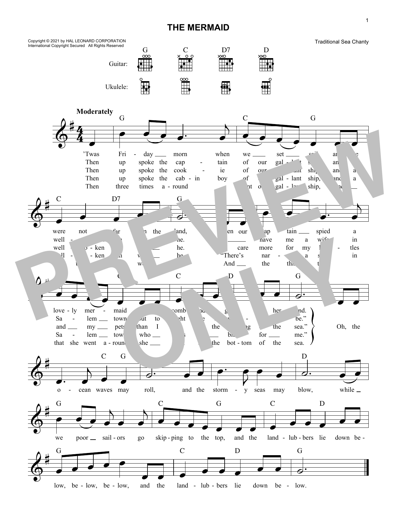 Traditional Sea Chanty The Mermaid sheet music notes and chords arranged for Lead Sheet / Fake Book