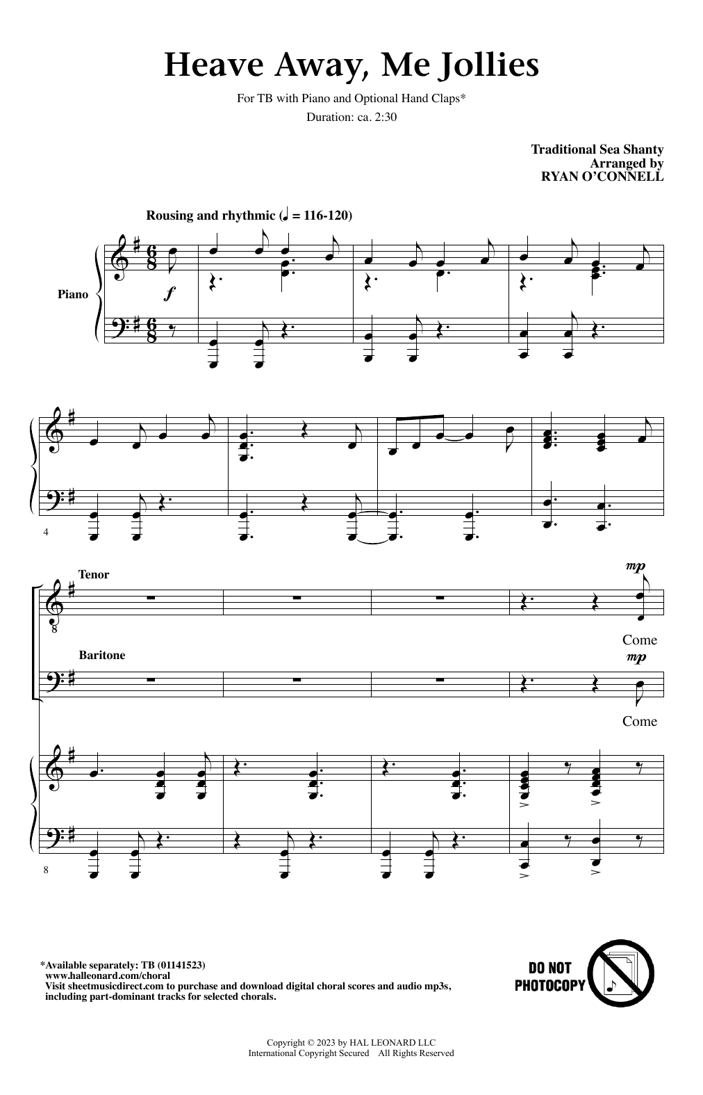 Traditional Sea Shanty Heave Away, Me Jollies (arr. Ryan O'Connell) sheet music notes and chords arranged for TB Choir