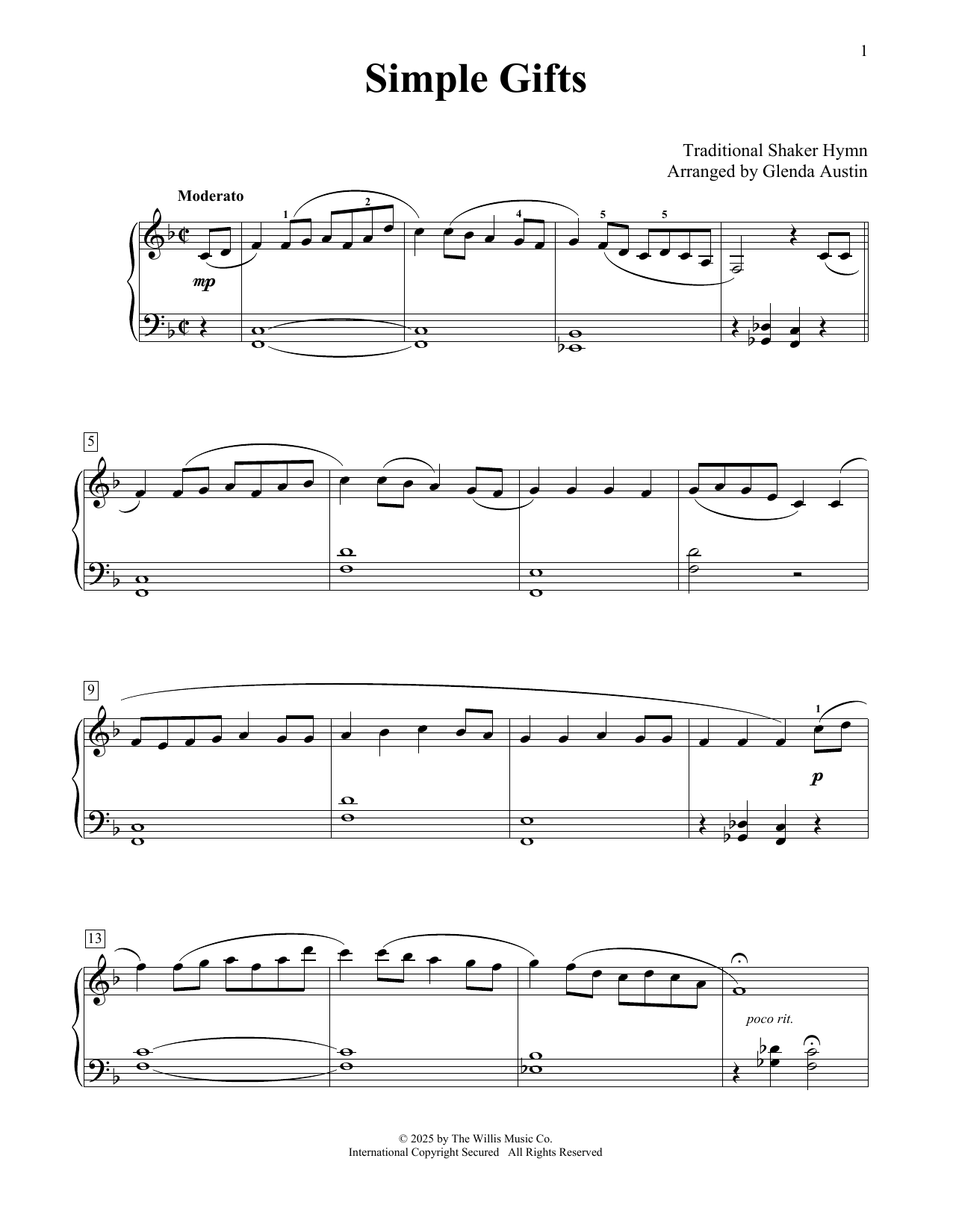 Traditional Shaker Hymn Simple Gifts (arr. Glenda Austin) sheet music notes and chords arranged for Educational Piano