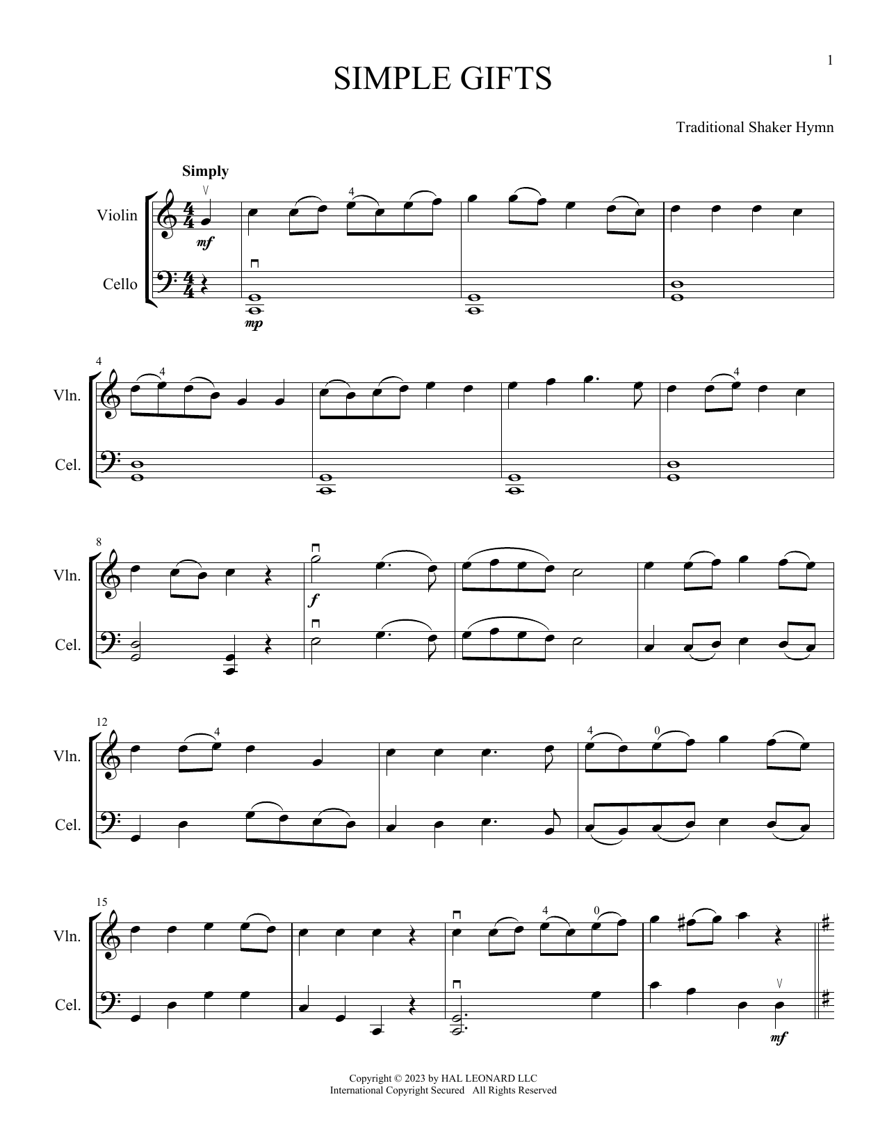 Traditional Shaker Hymn Simple Gifts (arr. Michelle Hynson) sheet music notes and chords arranged for Instrumental Duet