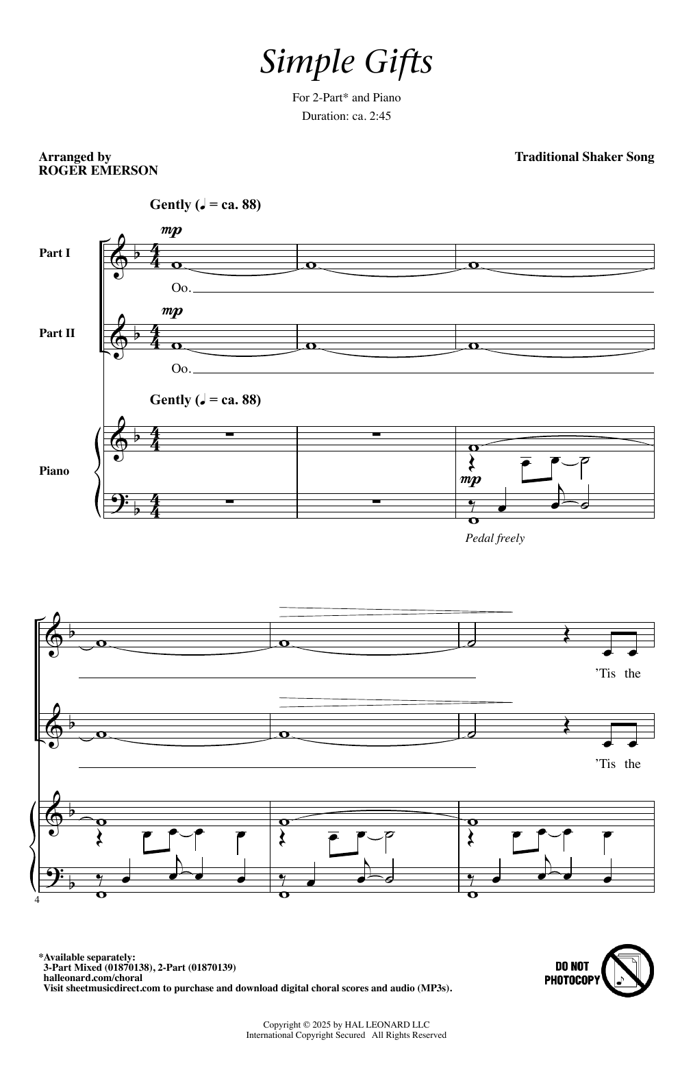 Traditional Shaker Song Simple Gifts (arr. Roger Emerson) sheet music notes and chords arranged for 3-Part Mixed Choir