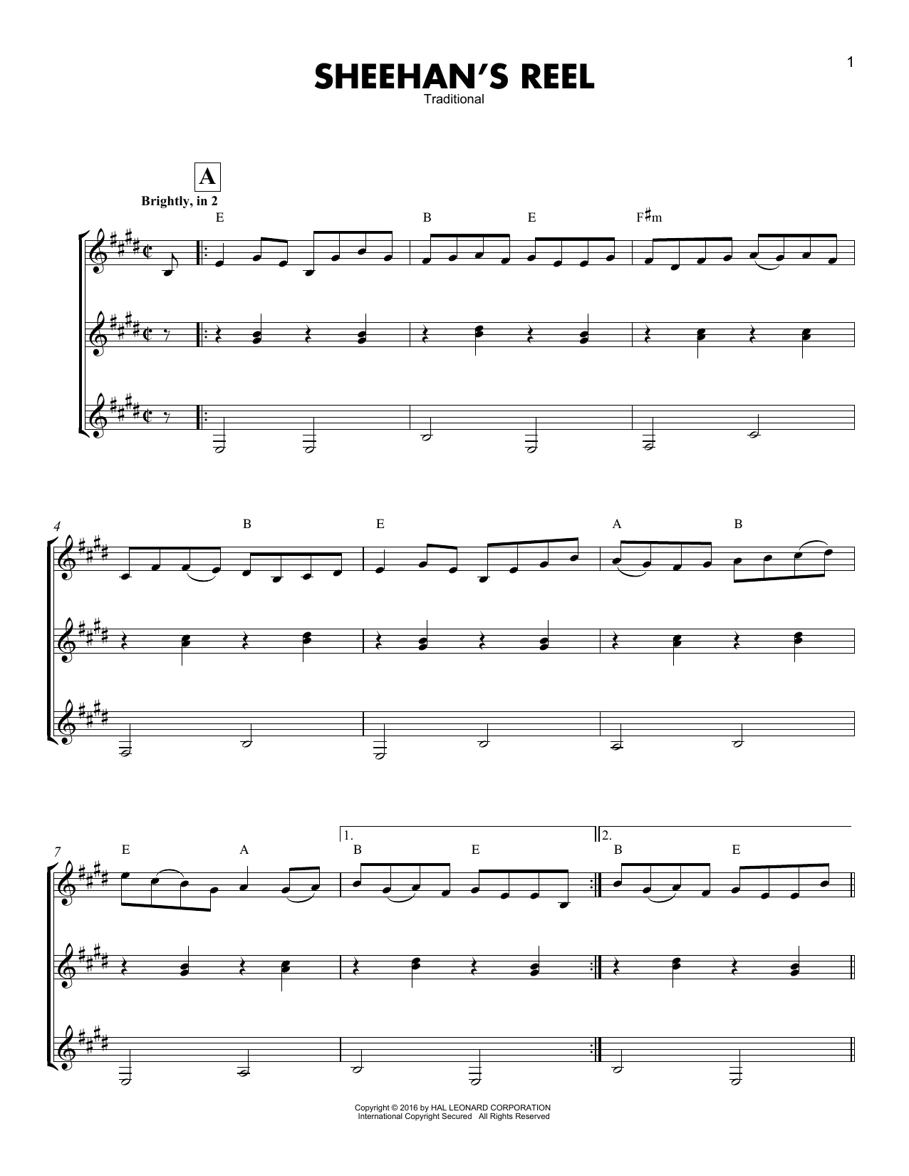 Traditional Sheehan's Reel sheet music notes and chords arranged for Guitar Ensemble
