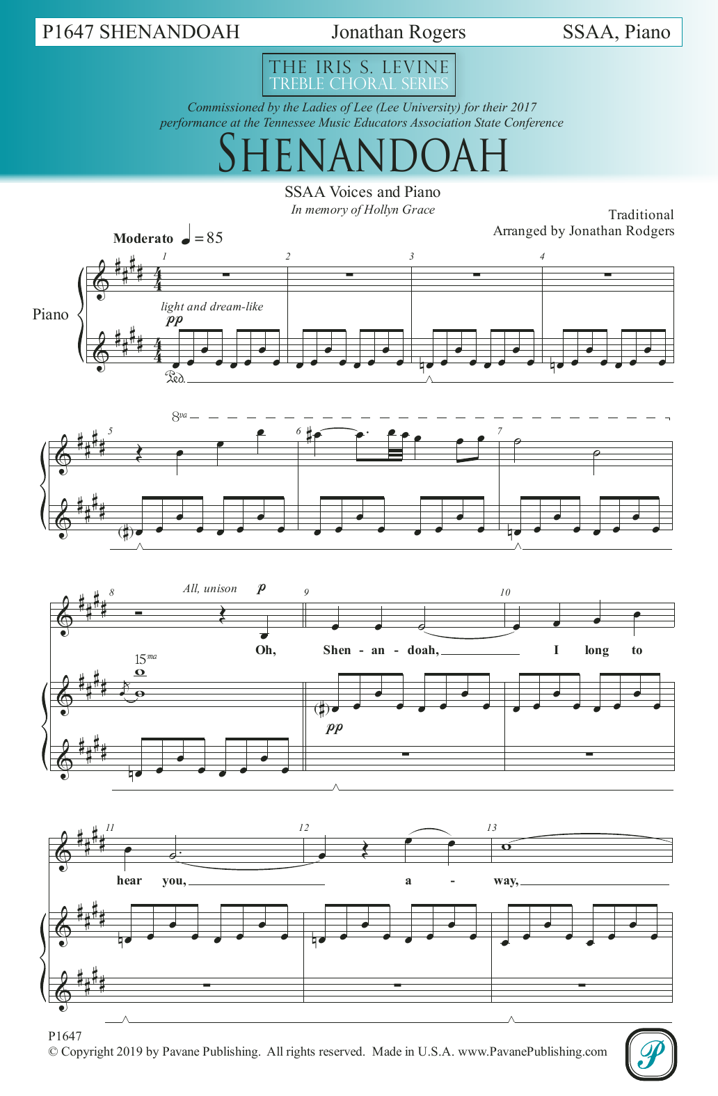 Traditional Shenandoah (arr. Jonathan Rodgers) sheet music notes and chords arranged for SSA Choir