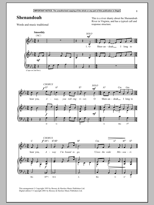 Traditional Shenandoah sheet music notes and chords arranged for Piano & Vocal