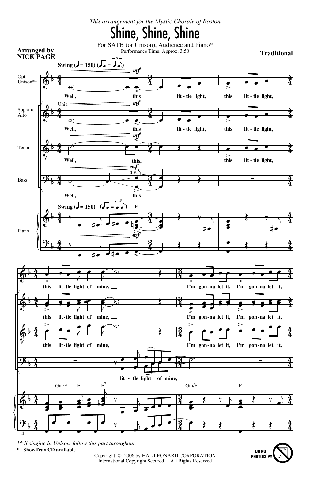 Traditional Shine, Shine, Shine (arr. Nick Page) sheet music notes and chords arranged for SATB Choir