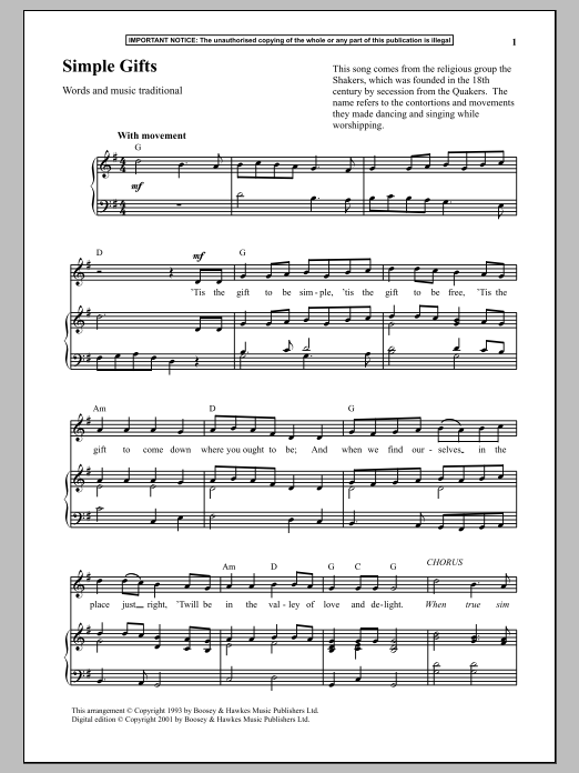 Traditional Simple Gifts sheet music notes and chords arranged for Piano & Vocal