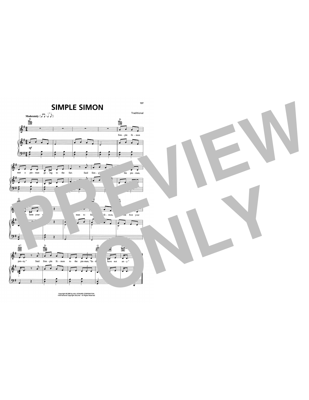 Traditional Simple Simon sheet music notes and chords arranged for Piano, Vocal & Guitar Chords (Right-Hand Melody)