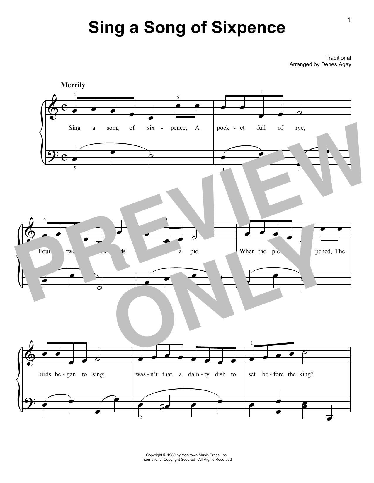 Traditional Sing A Song Of Sixpence (arr. Denes Agay) sheet music notes and chords arranged for Easy Piano