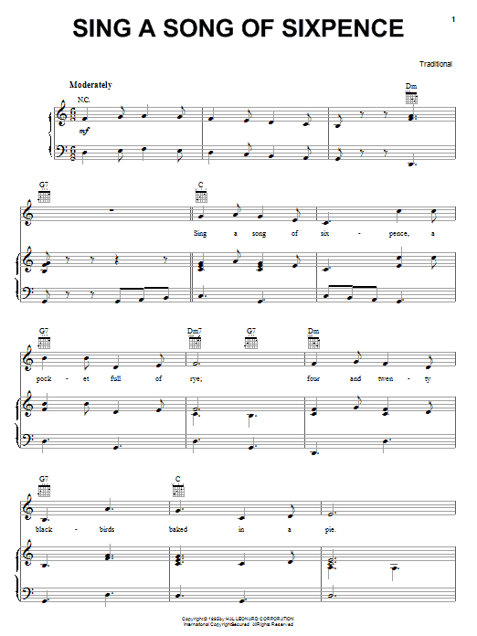 Traditional Sing A Song Of Sixpence sheet music notes and chords arranged for Guitar Chords/Lyrics