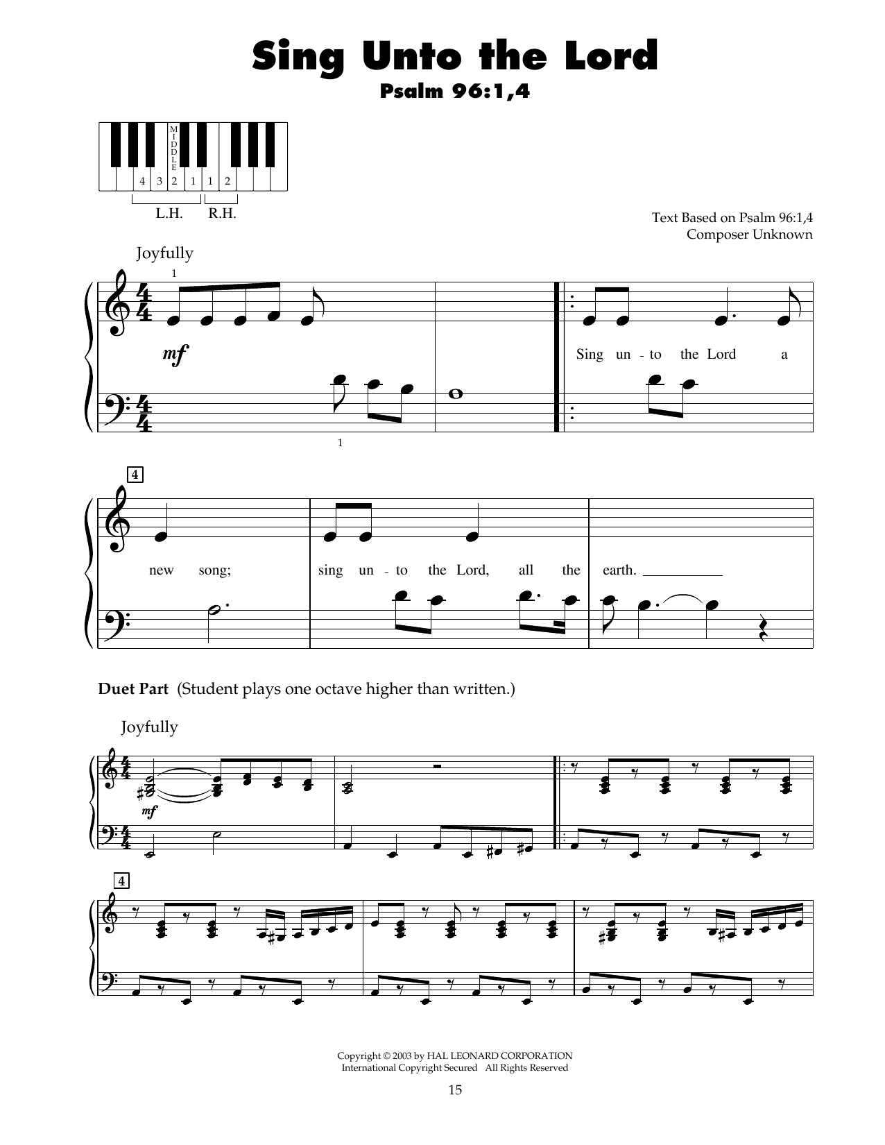 Traditional Sing Unto The Lord sheet music notes and chords arranged for 5-Finger Piano