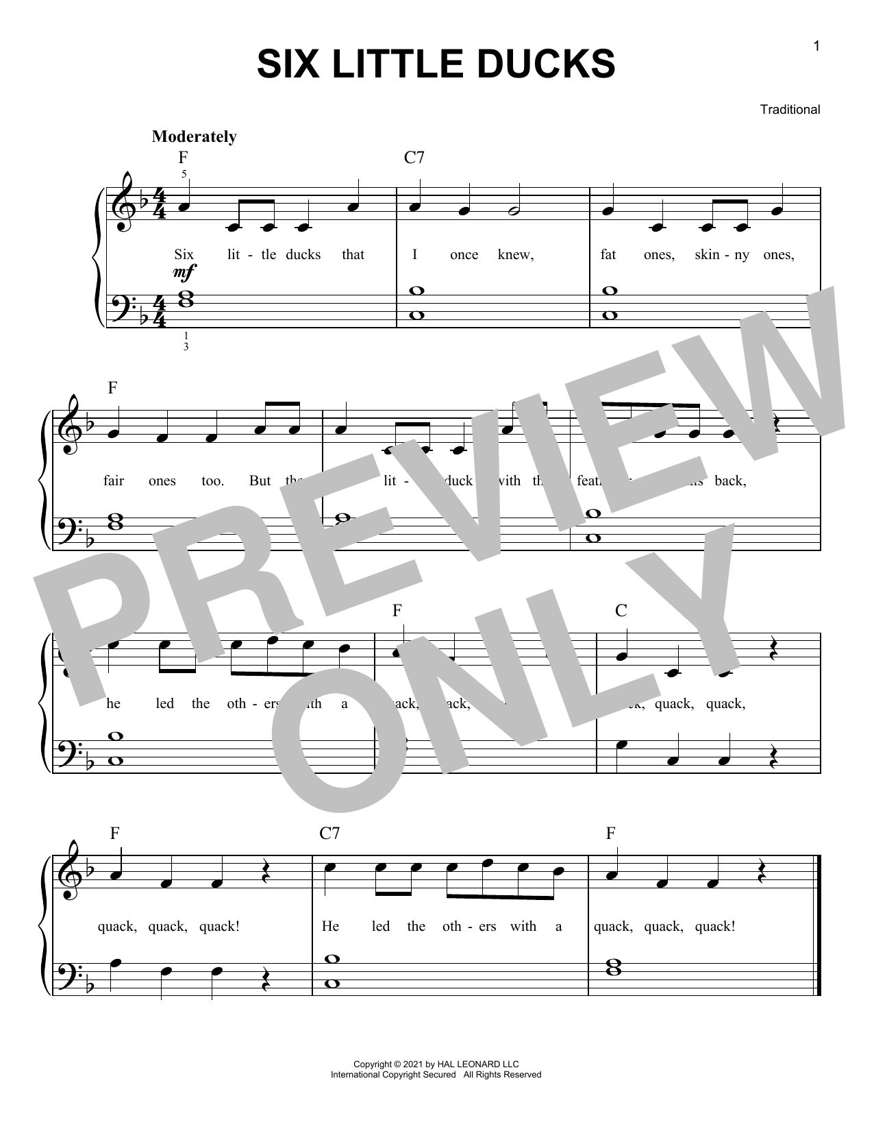 Traditional Six Little Ducks sheet music notes and chords arranged for Easy Piano