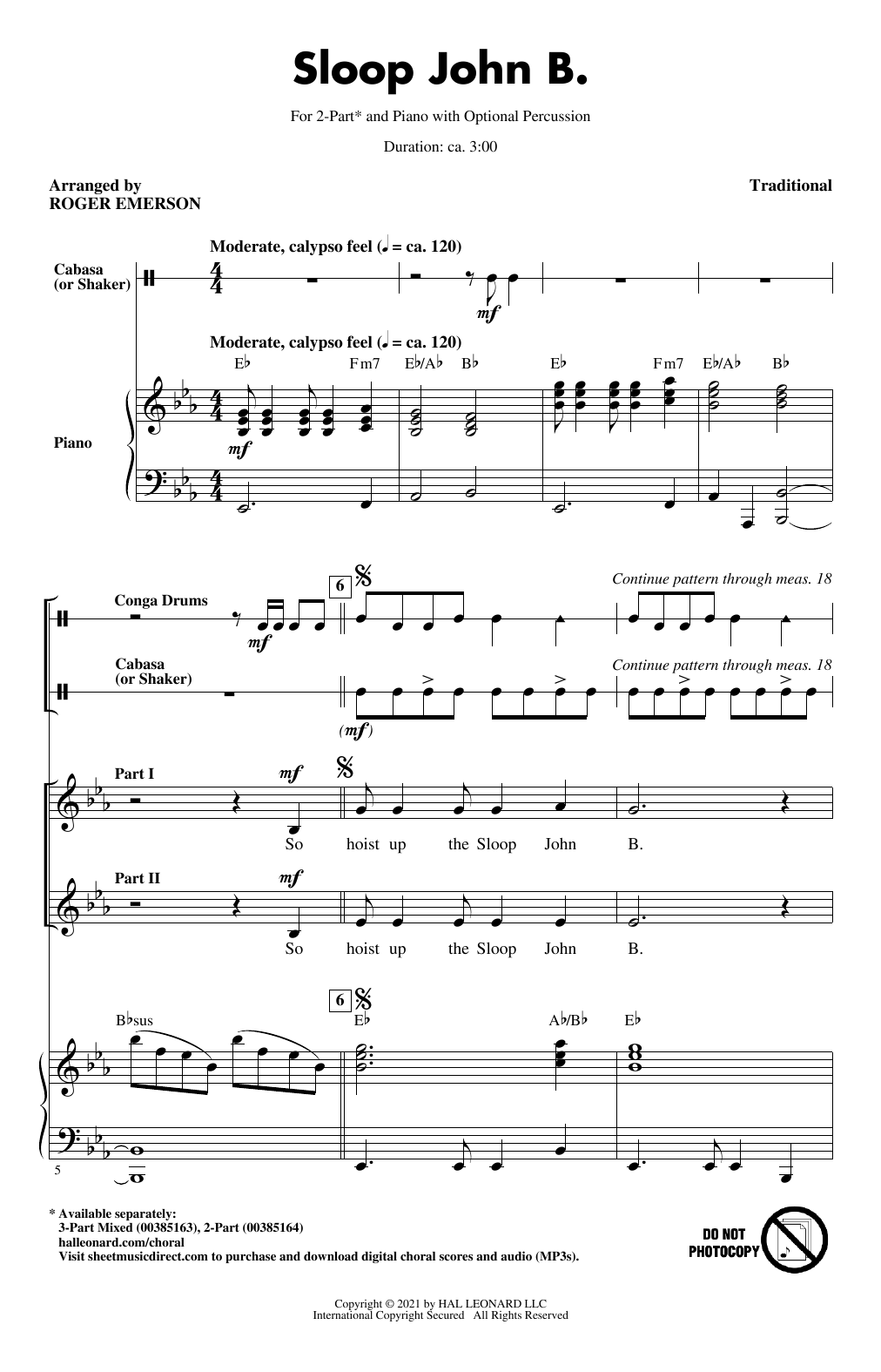 Traditional Sloop John B. (arr. Roger Emerson) sheet music notes and chords arranged for 2-Part Choir