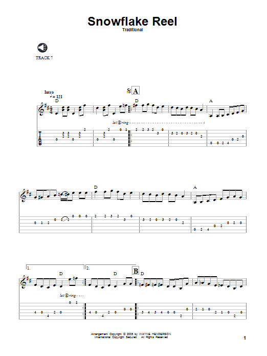 Traditional Snowflake Reel sheet music notes and chords arranged for Solo Guitar