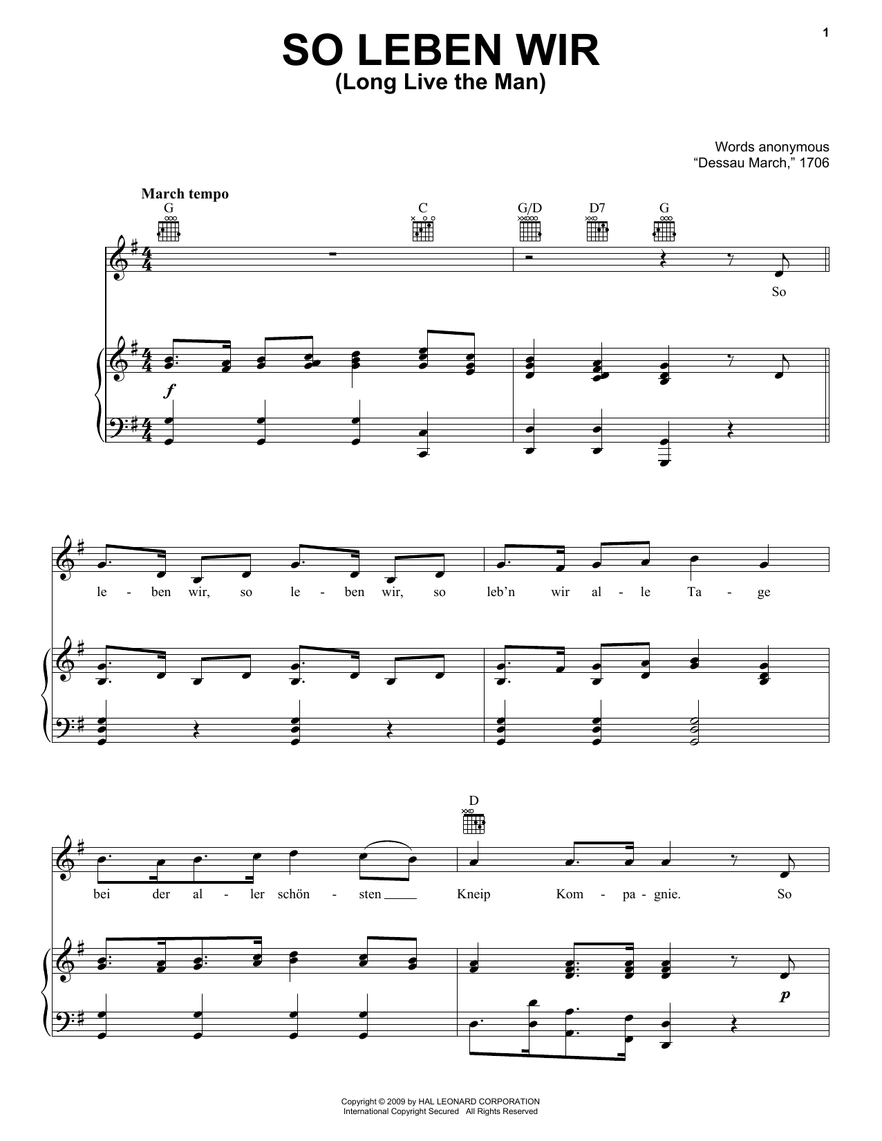 Traditional So Leben Wir (Long Live The Man) sheet music notes and chords arranged for Piano, Vocal & Guitar Chords (Right-Hand Melody)