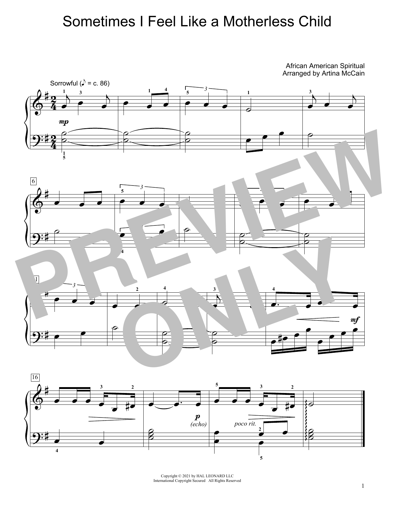Traditional Sometimes I Feel Like A Motherless Child (arr. Artina McCain) sheet music notes and chords arranged for Educational Piano