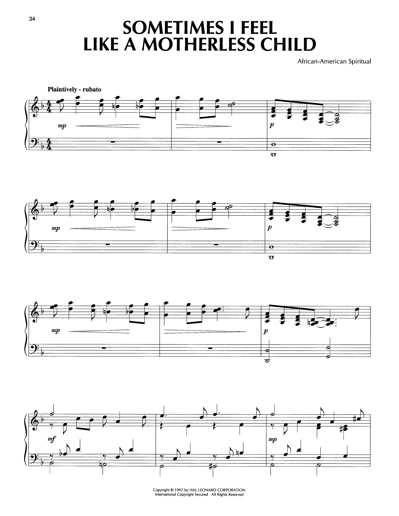 Traditional Sometimes I Feel Like A Motherless Child (arr. Kurt Kaiser) sheet music notes and chords arranged for Piano Solo