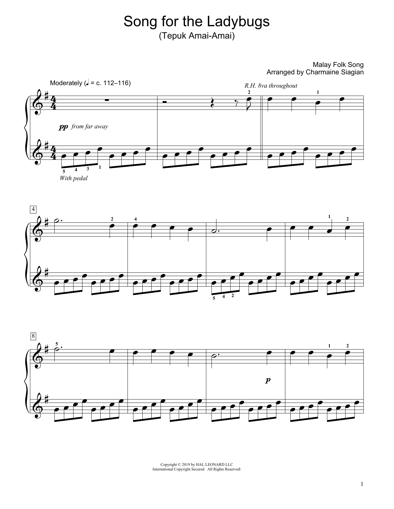Traditional Song For The Ladybugs (Tepuk Amai-Amai) (arr. Charmaine Siagian) sheet music notes and chords arranged for Educational Piano