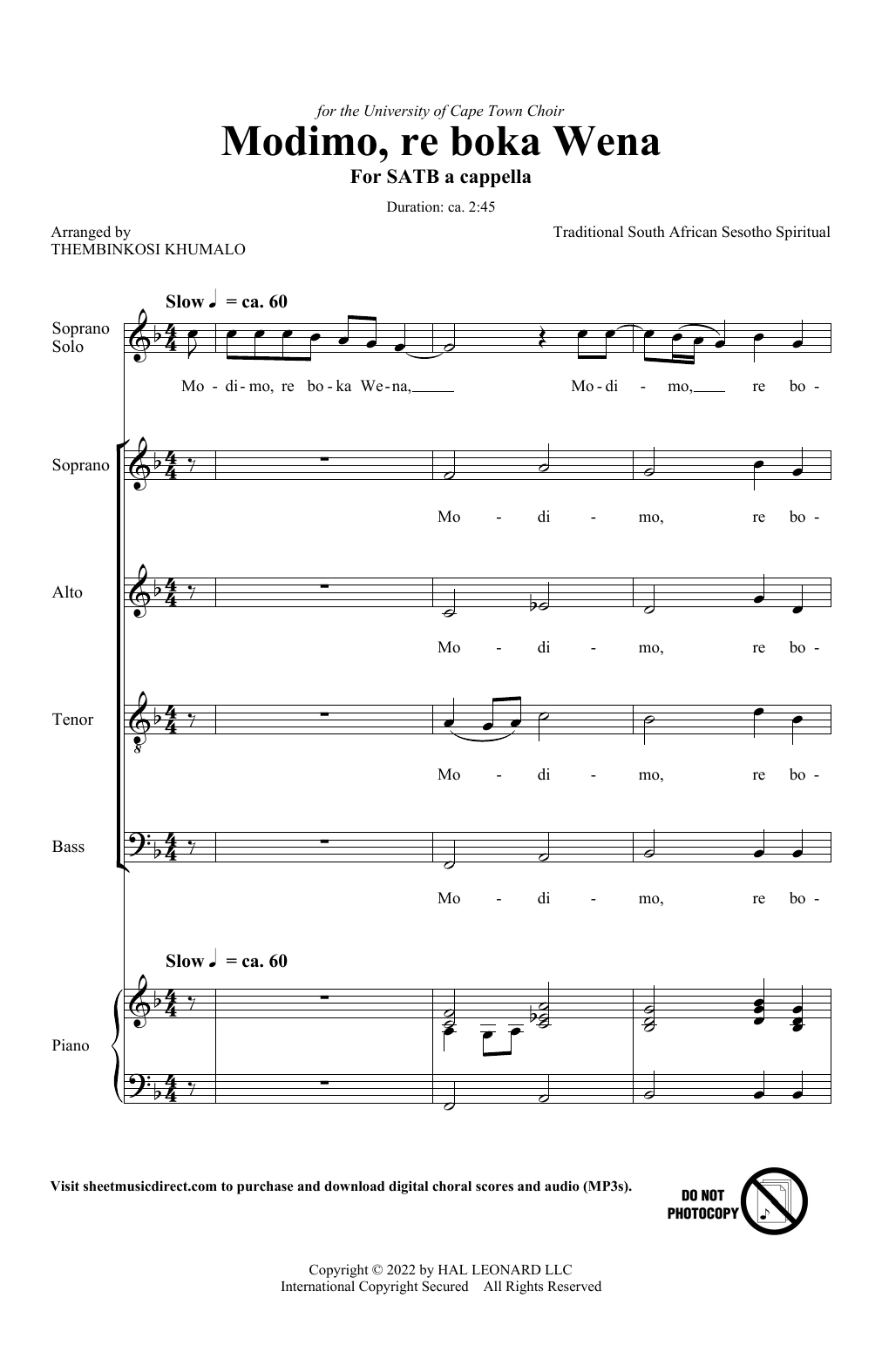 Traditional South African Folk Song Modimo, re boka Wena (arr. Thembinkosi Khumalo) sheet music notes and chords arranged for SATB Choir
