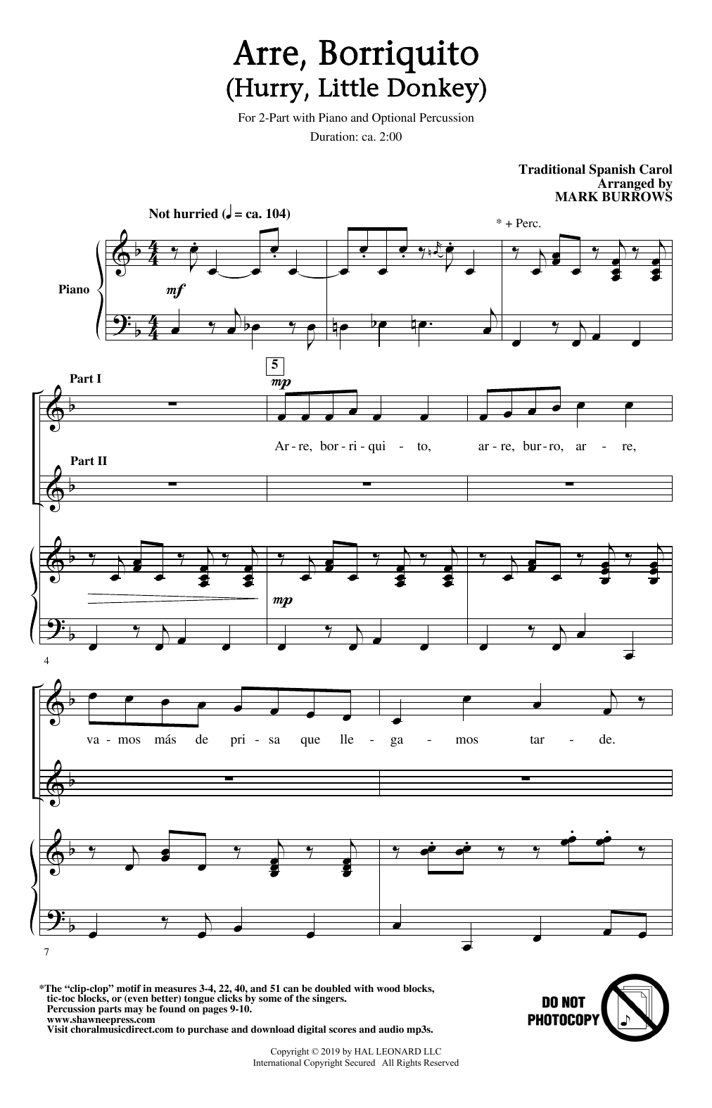 Traditional Spanish Carol Arre Borriquito (Hurry, Little Donkey) (arr. Mark Burrows) sheet music notes and chords arranged for 2-Part Choir
