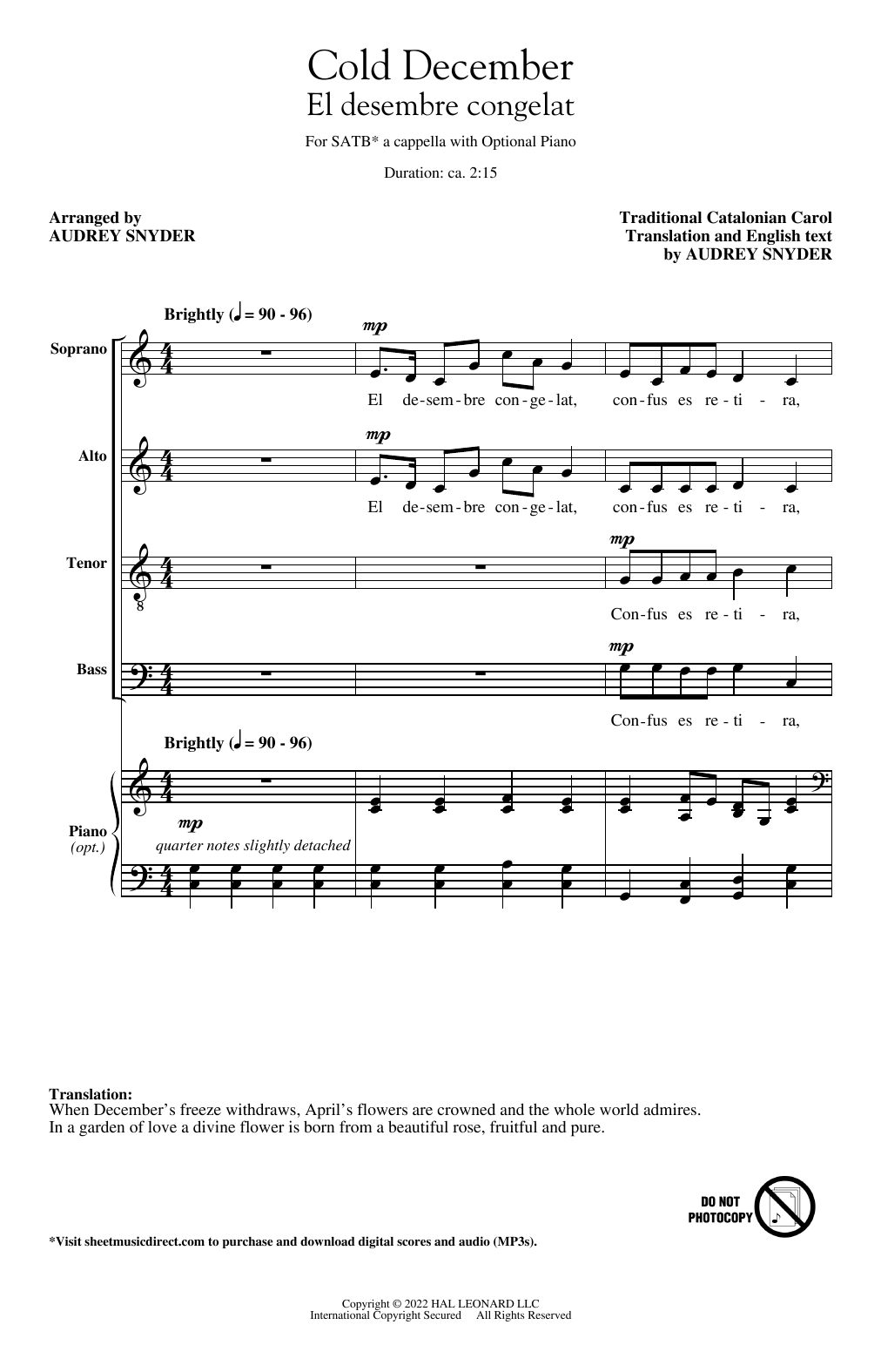 Traditional Spanish Carol El Desembre Congelat (arr. Audrey Snyder) sheet music notes and chords arranged for SATB Choir