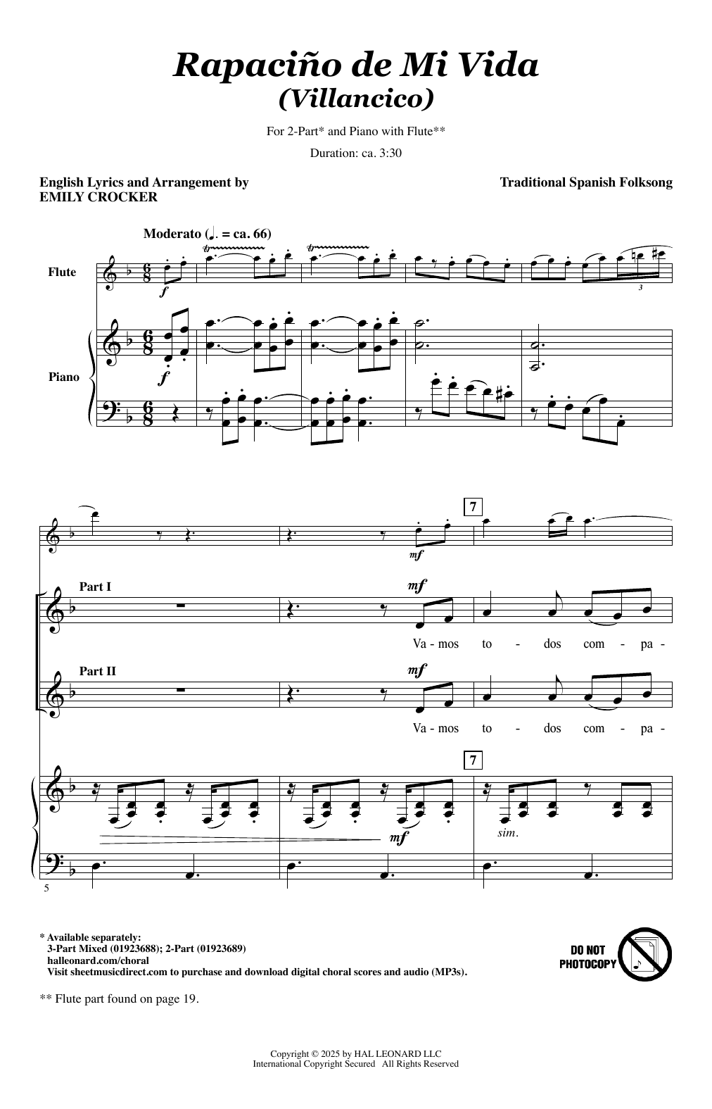 Traditional Spanish Folk Song Rapaciño De Mi Vida (Villancico) (arr. Emily Crocker) sheet music notes and chords arranged for 2-Part Choir