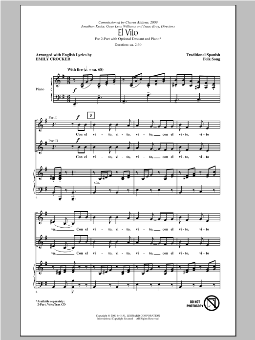 Traditional Spanish Folksong El Vito (arr. Emily Crocker) sheet music notes and chords arranged for 2-Part Choir
