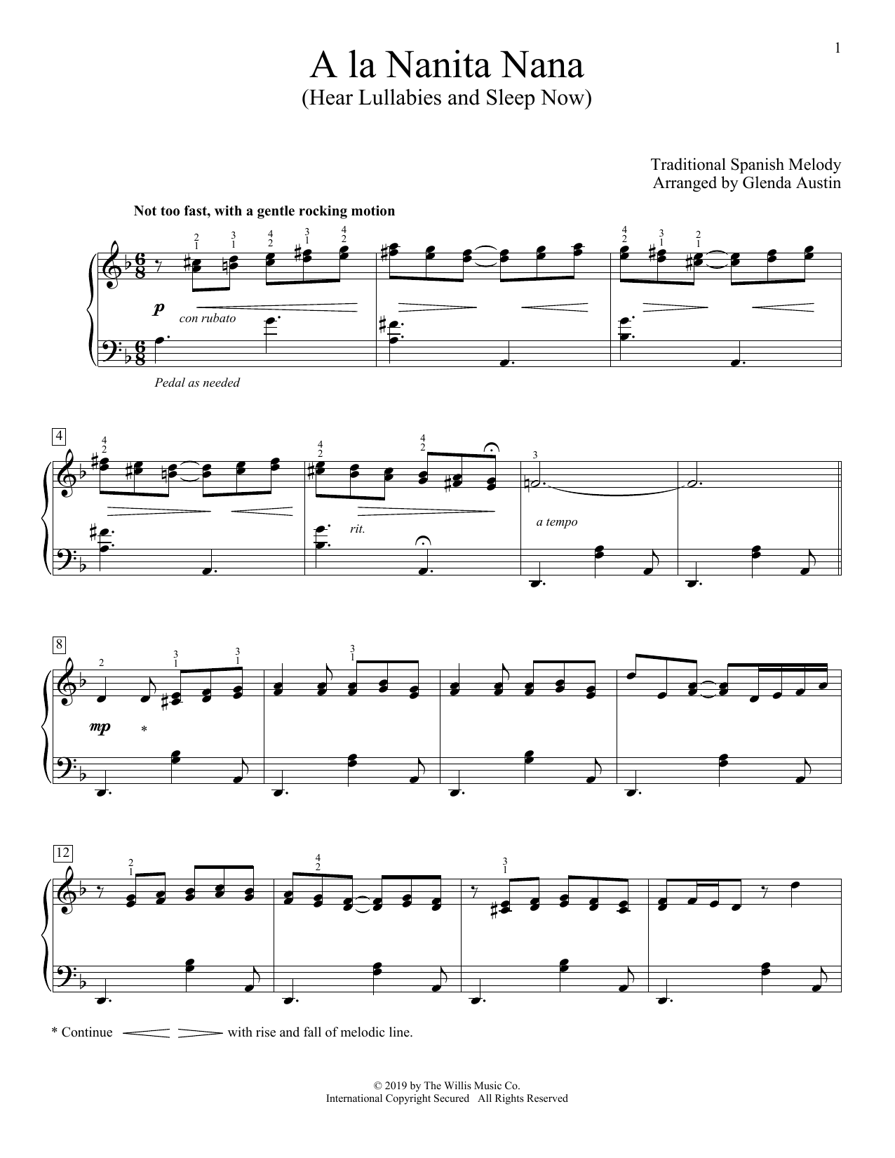 Traditional Spanish Melody A La Nanita Nana (Hear Lullabies And Sleep Now) (arr. Glenda Austin) sheet music notes and chords arranged for Piano Solo