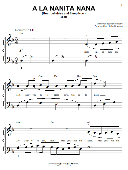 Traditional Spanish Melody A La Nanita Nana (Hear Lullabies And Sleep Now) (arr. Phillip Keveren) sheet music notes and chords arranged for Big Note Piano
