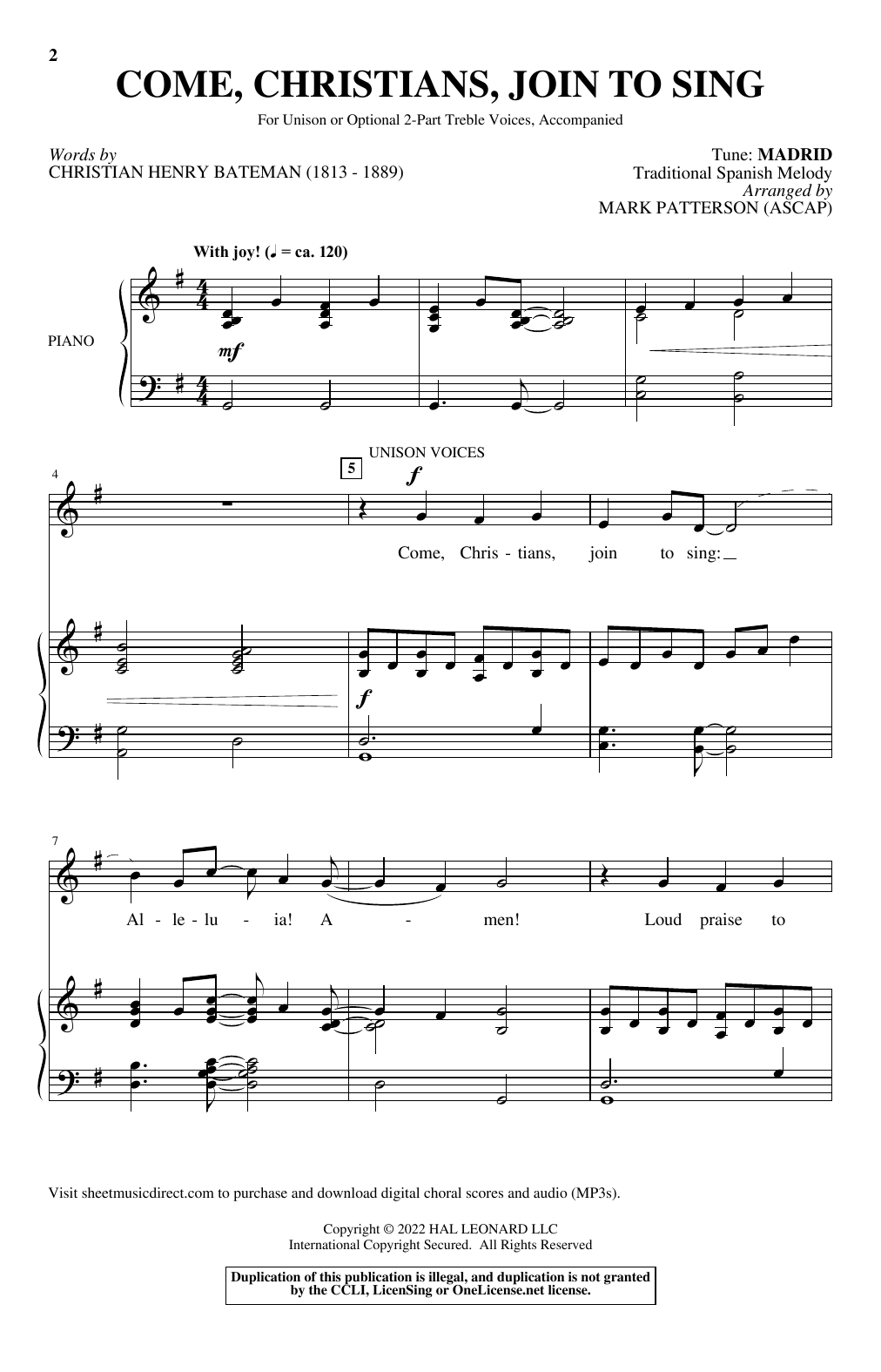 Traditional Spanish Melody Come, Christians, Join To Sing (arr. Mark Patterson) sheet music notes and chords arranged for Unison Choir