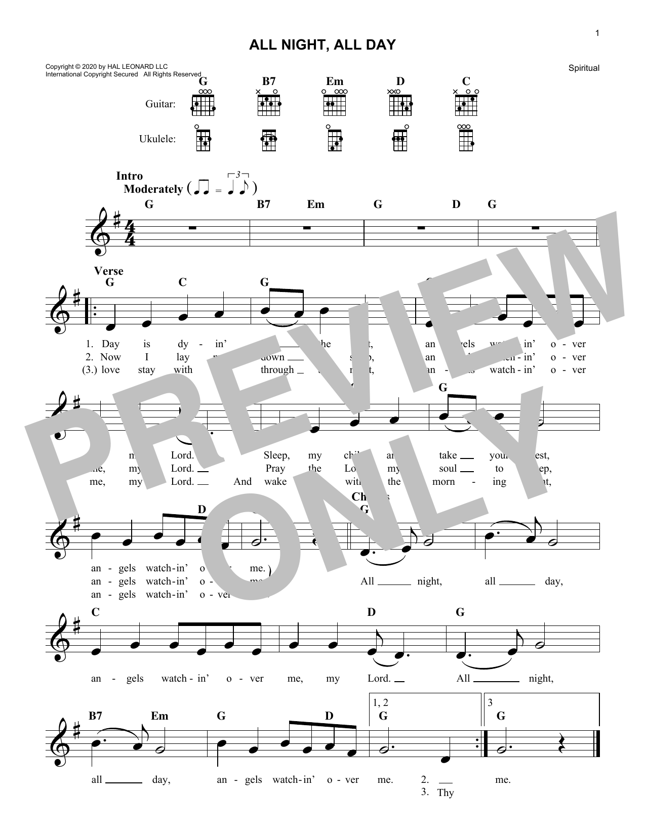Traditional Spiritual All Night, All Day sheet music notes and chords arranged for Lead Sheet / Fake Book