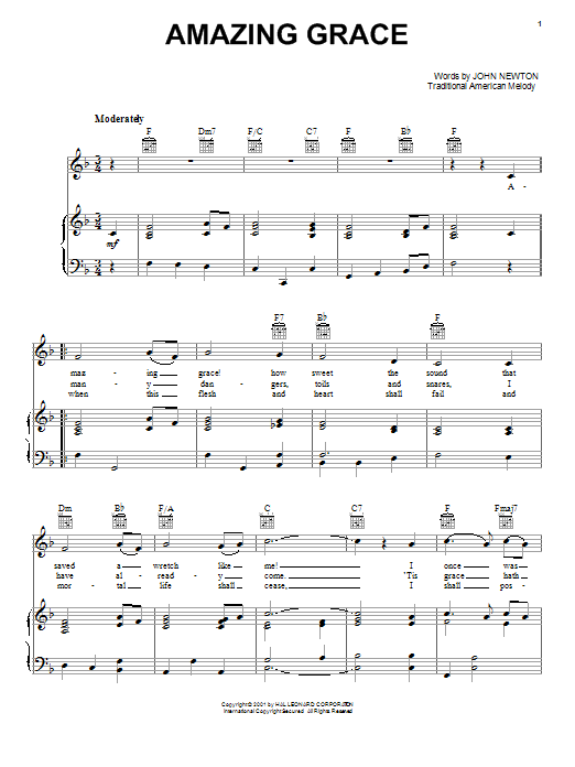 Traditional Spiritual Amazing Grace sheet music notes and chords arranged for Piano, Vocal & Guitar Chords (Right-Hand Melody)