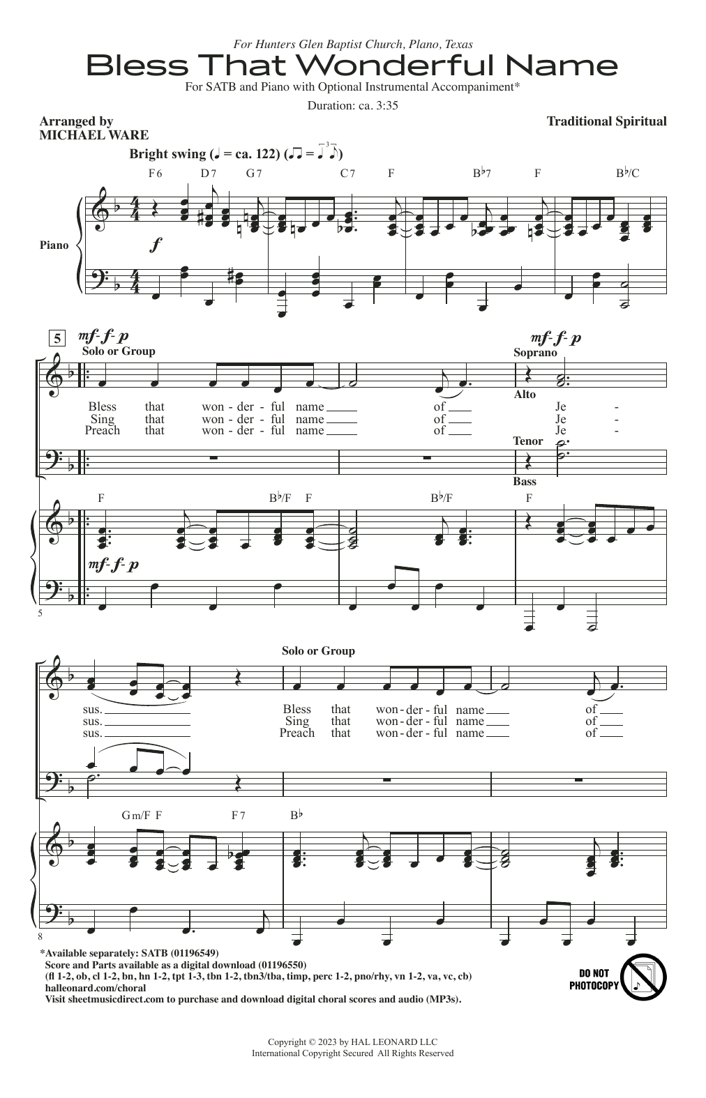 Traditional Spiritual Bless That Wonderful Name (arr. Michael Ware) sheet music notes and chords arranged for SATB Choir