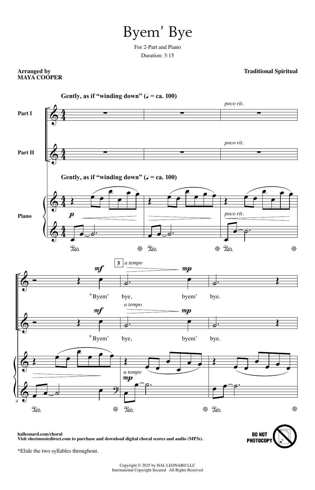 Traditional Spiritual Byem' Bye (arr. Maya Cooper) sheet music notes and chords arranged for Choir