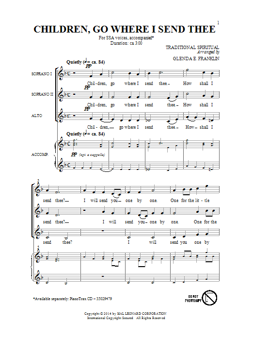 Traditional Spiritual Children Go Where I Send Thee (arr. Glenda E. Franklin) sheet music notes and chords arranged for SSA Choir