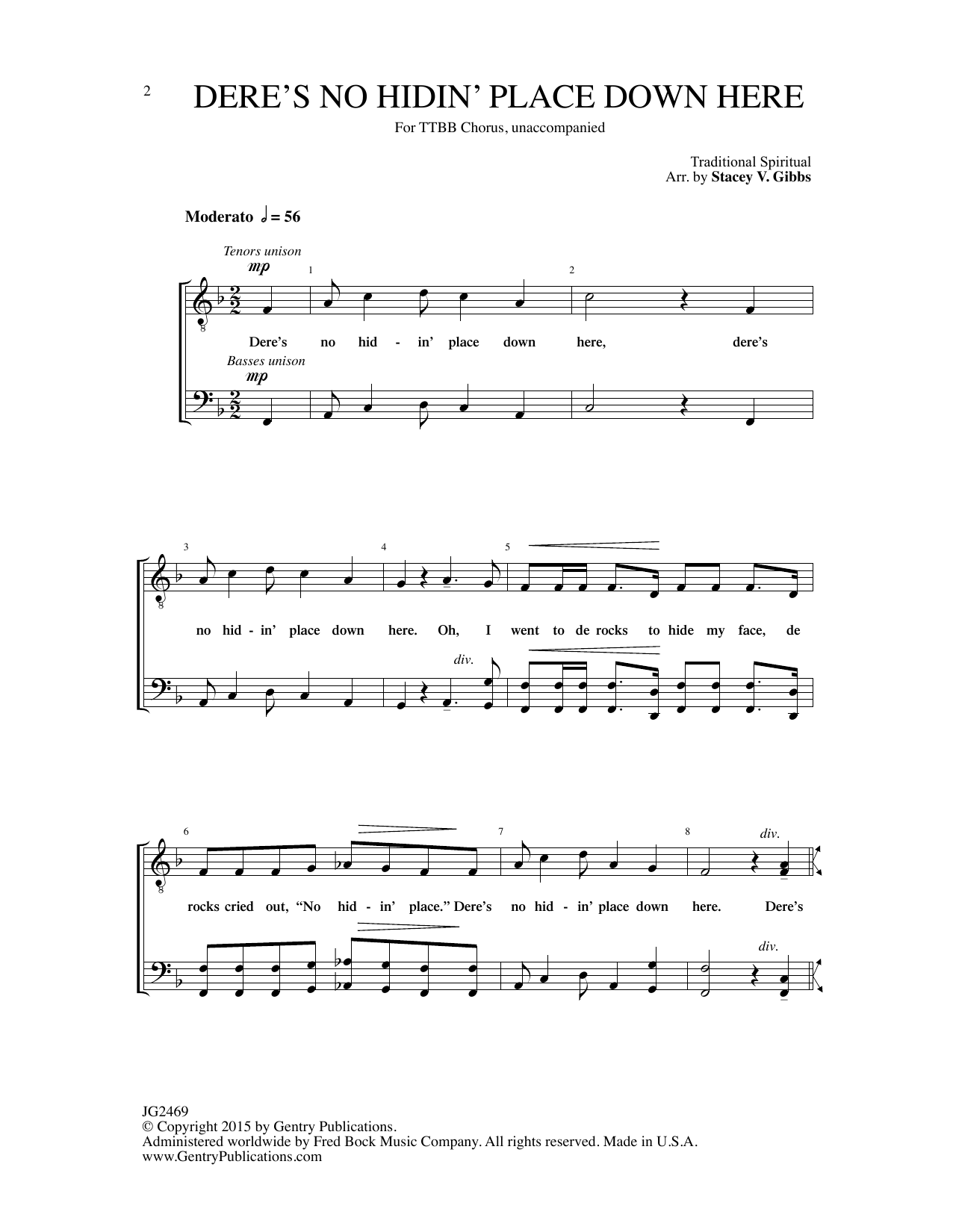 Traditional Spiritual Dere's No Hidin' Place Down Here (arr. Stacey V. Gibbs) sheet music notes and chords arranged for TTBB Choir