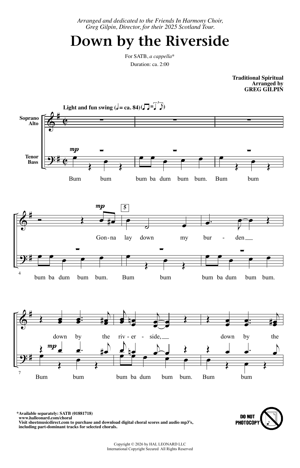 Traditional Spiritual Down By The Riverside (arr. Greg Gilpin) sheet music notes and chords arranged for SATB Choir