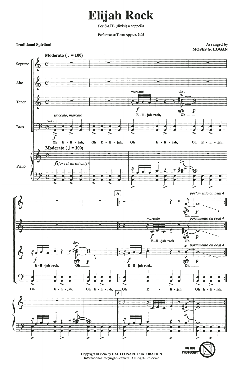 Traditional Spiritual Elijah Rock (arr. Moses Hogan) sheet music notes and chords arranged for SATB Choir