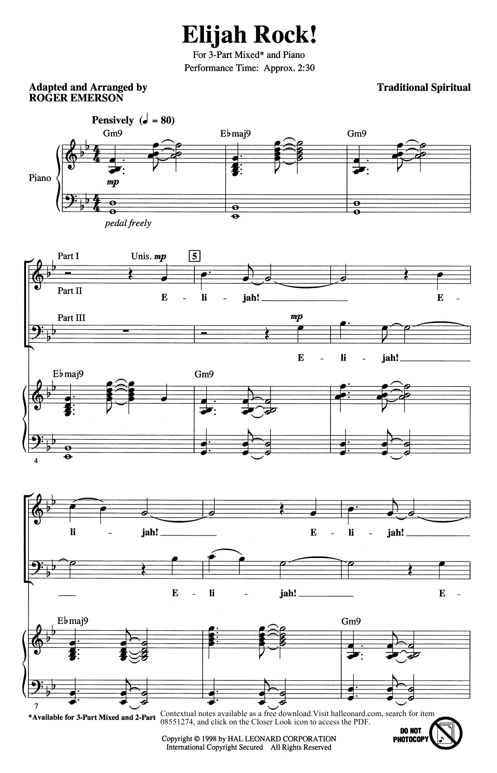 Traditional Spiritual Elijah Rock (arr. Roger Emerson) sheet music notes and chords arranged for 3-Part Mixed Choir