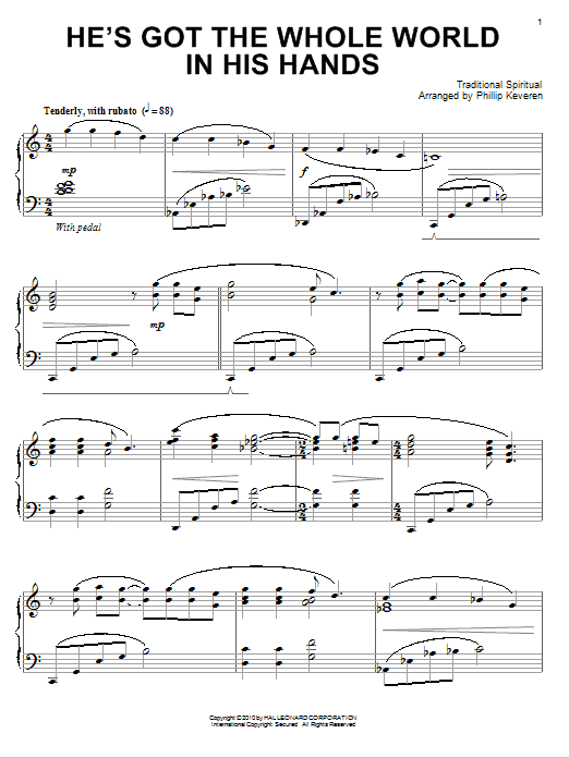 Traditional Spiritual He's Got The Whole World In His Hands (arr. Phillip Keveren) sheet music notes and chords arranged for Piano Solo