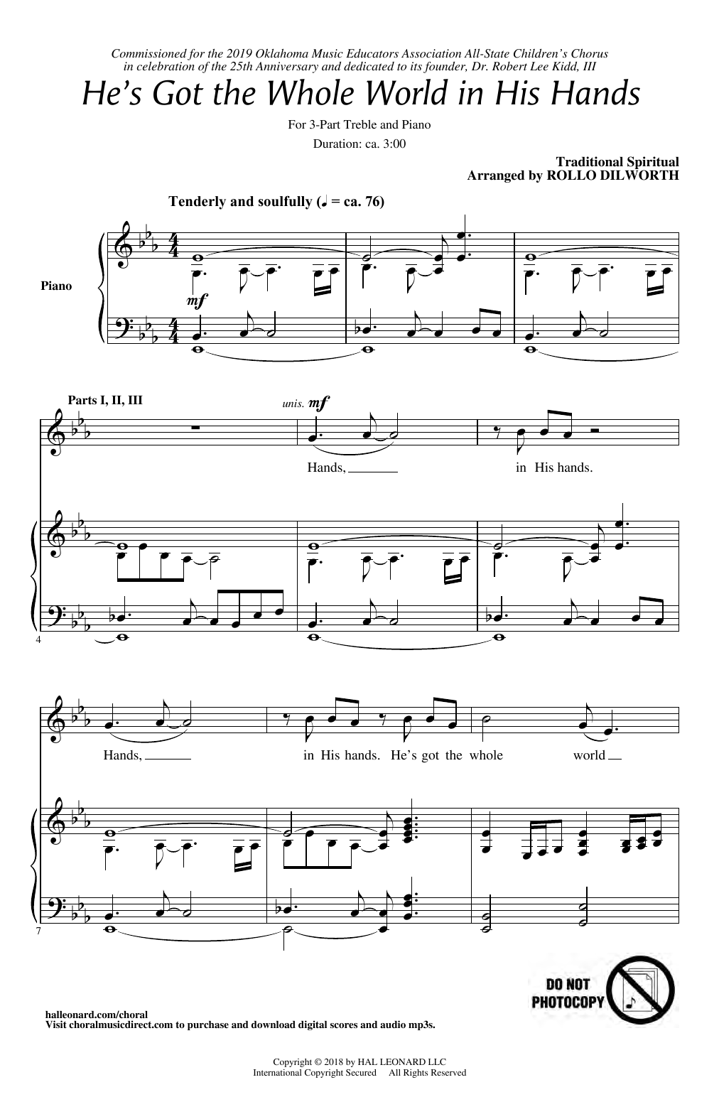 Traditional Spiritual He's Got The Whole World In His Hands (arr. Rollo Dilworth) sheet music notes and chords arranged for 3-Part Treble Choir