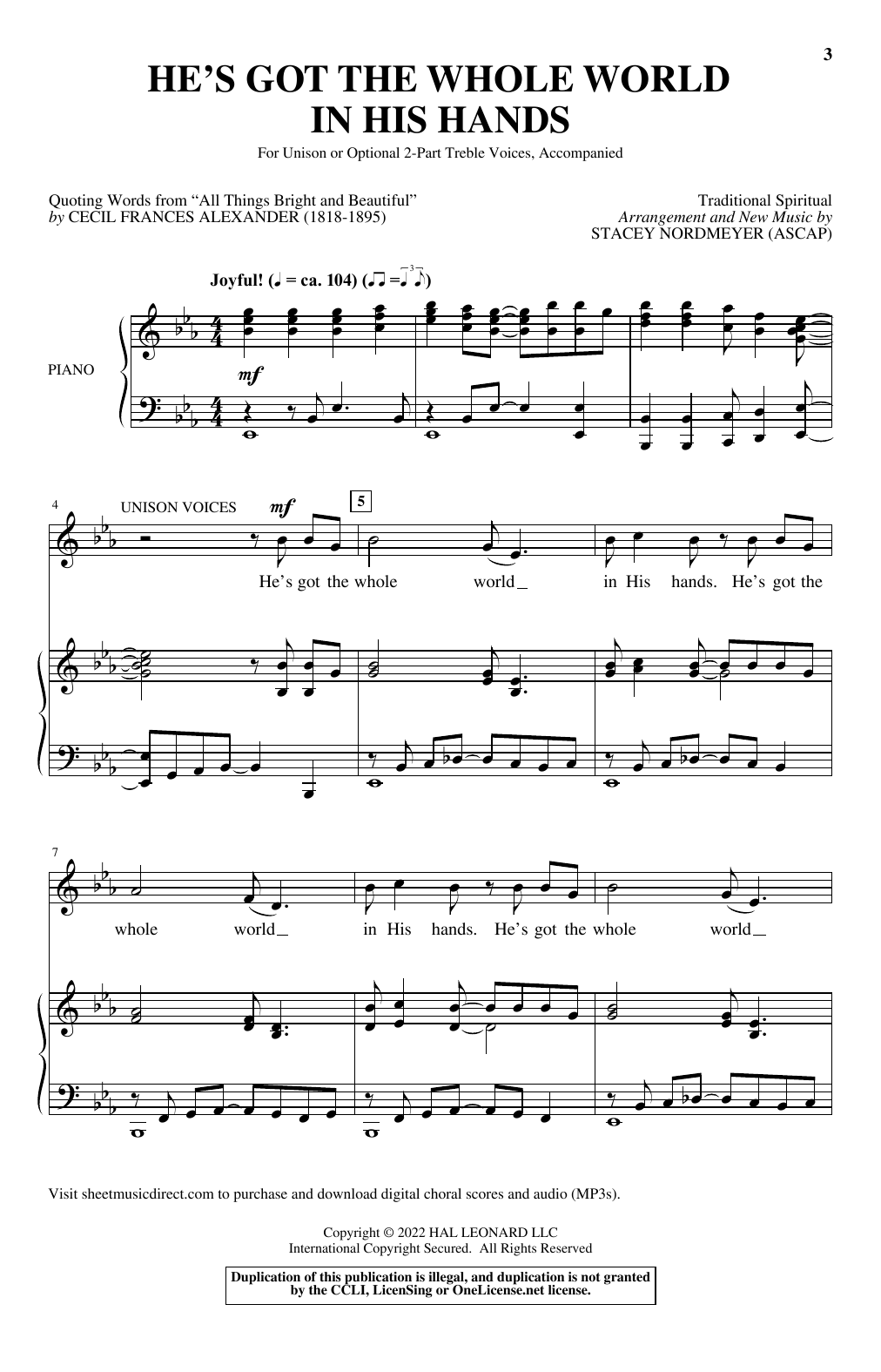Traditional Spiritual He's Got The Whole World In His Hands (arr. Stacey Nordmeyer) sheet music notes and chords arranged for Unison Choir