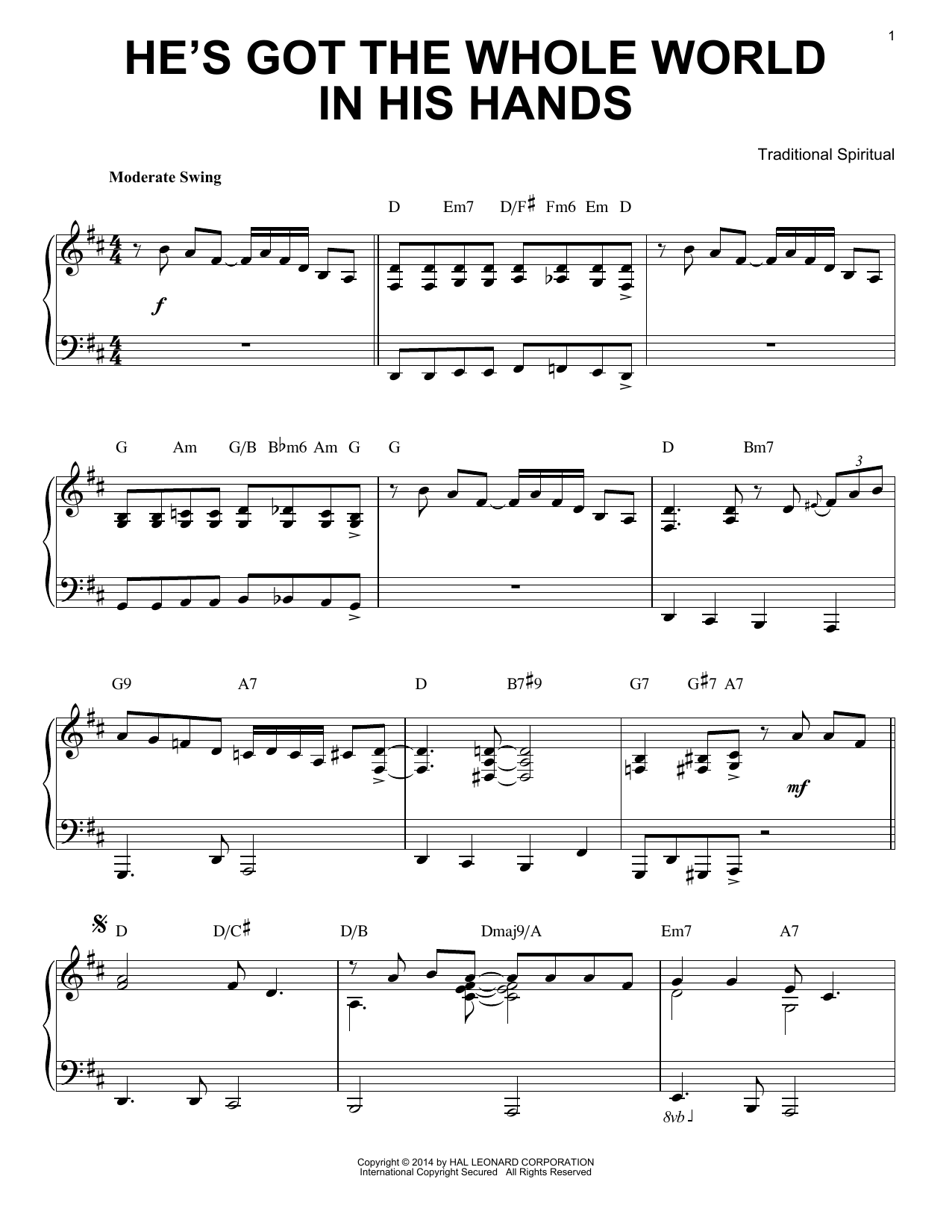Traditional Spiritual He's Got The Whole World In His Hands [Jazz version] (arr. Brent Edstrom) sheet music notes and chords arranged for Piano Solo