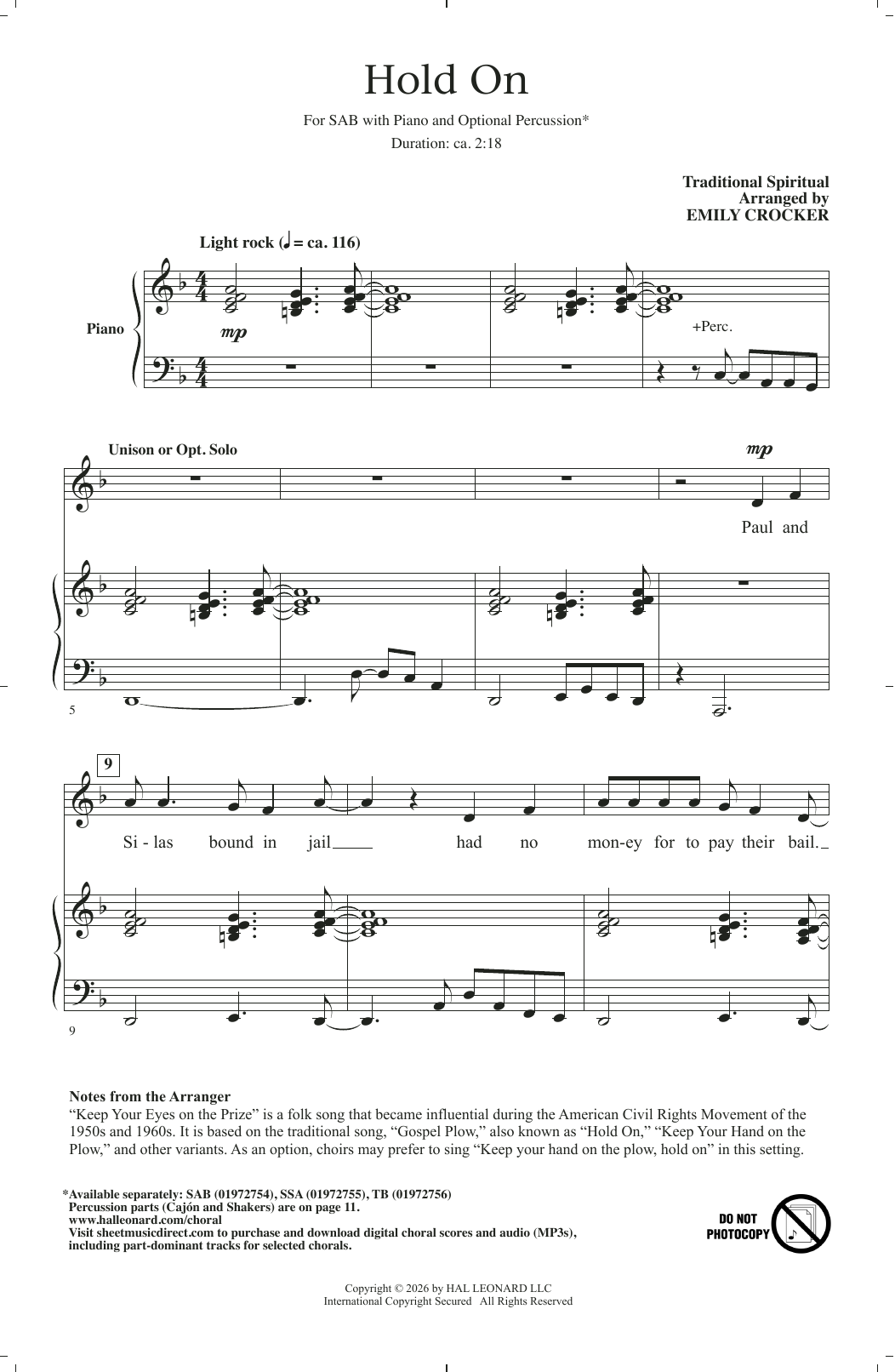 Traditional Spiritual Hold On (arr. Emily Crocker) sheet music notes and chords arranged for SAB Choir
