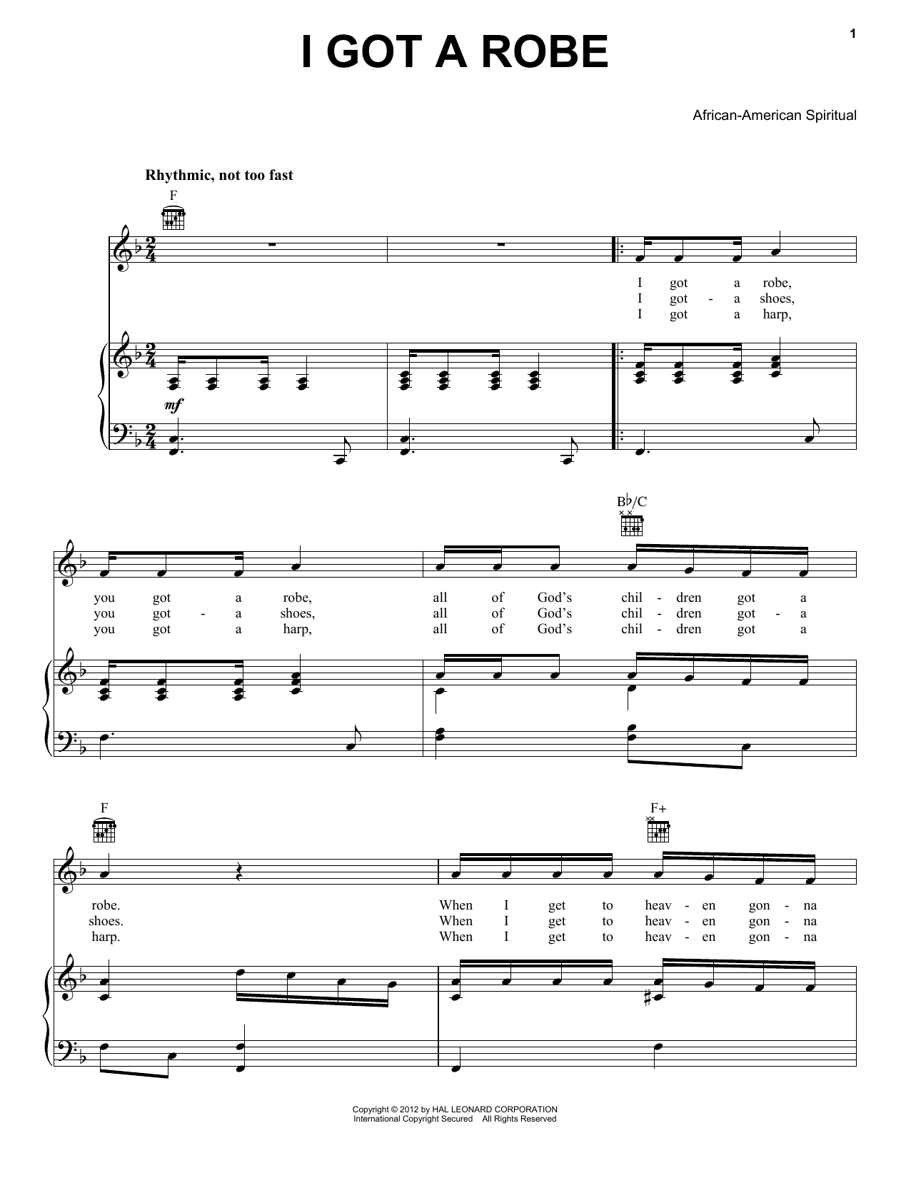 Traditional Spiritual I Got A Robe sheet music notes and chords arranged for Piano, Vocal & Guitar Chords (Right-Hand Melody)