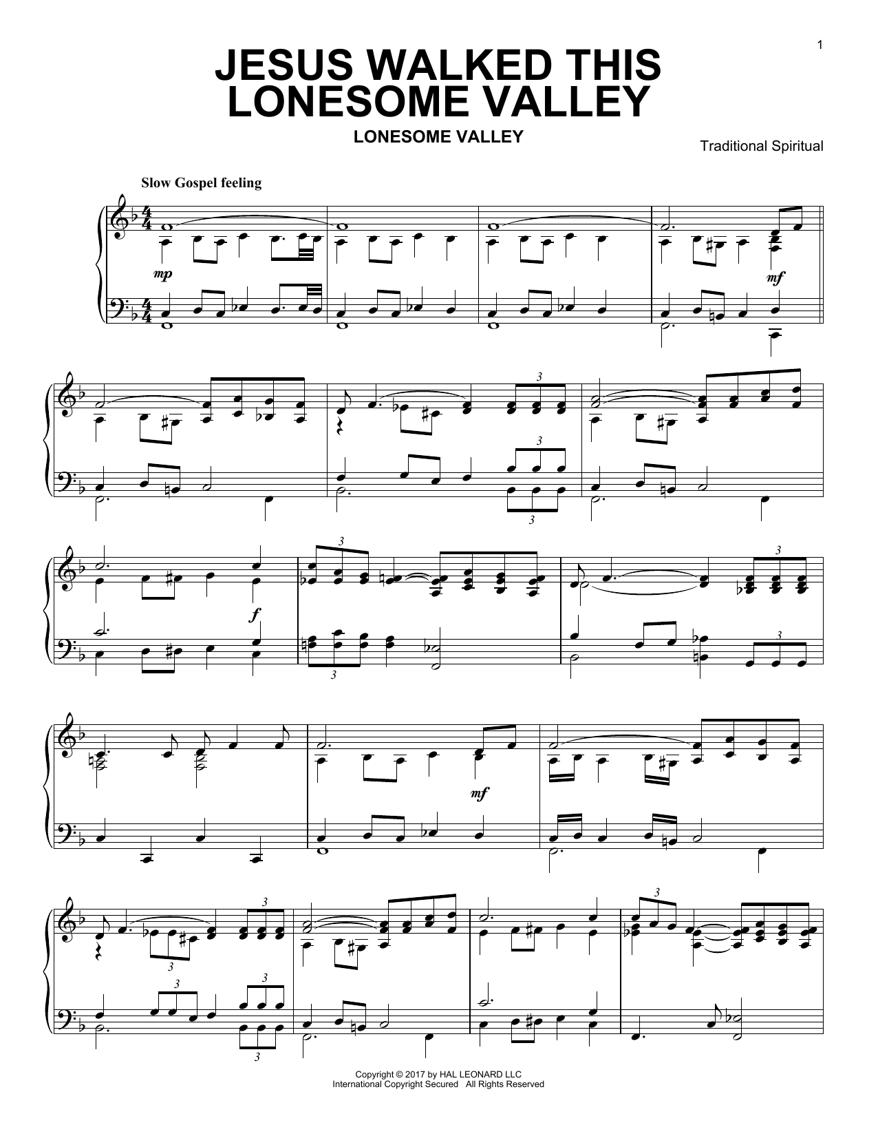 Traditional Spiritual Jesus Walked This Lonesome Valley sheet music notes and chords arranged for Piano Solo