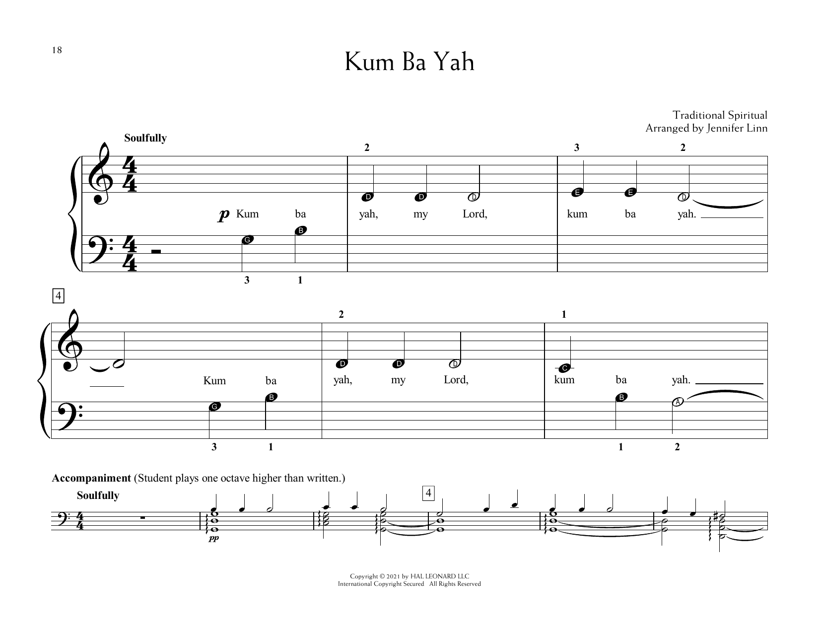 Traditional Spiritual Kum Ba Yah (arr. Jennifer Linn) sheet music notes and chords arranged for Educational Piano