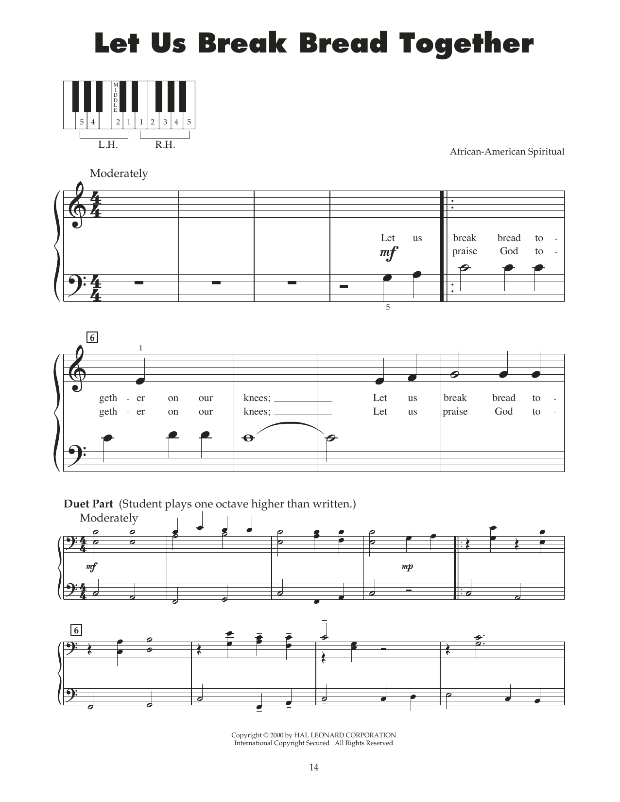 Traditional Spiritual Let Us Break Bread Together (arr. Carol Klose) sheet music notes and chords arranged for 5-Finger Piano