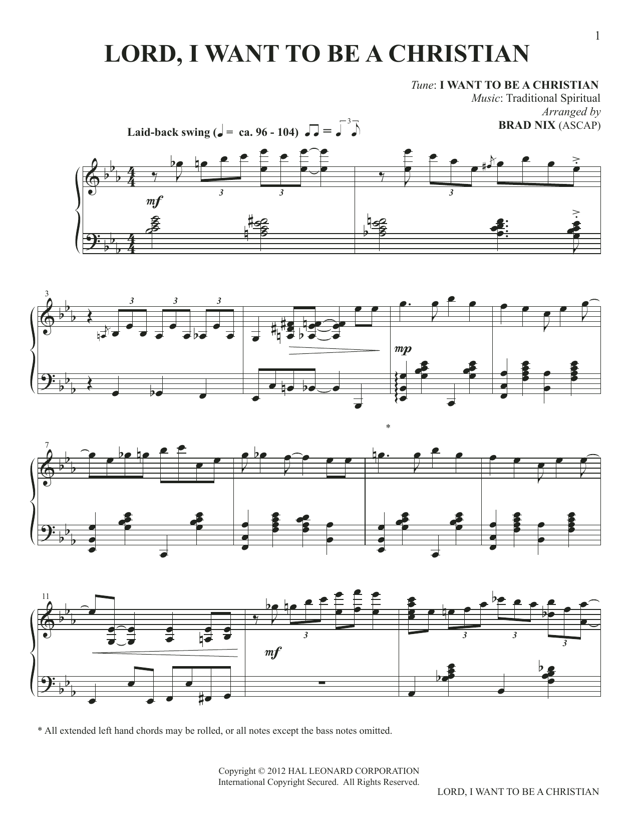 Traditional Spiritual Lord, I Want To Be A Christian (arr. Brad Nix) sheet music notes and chords arranged for Piano Solo