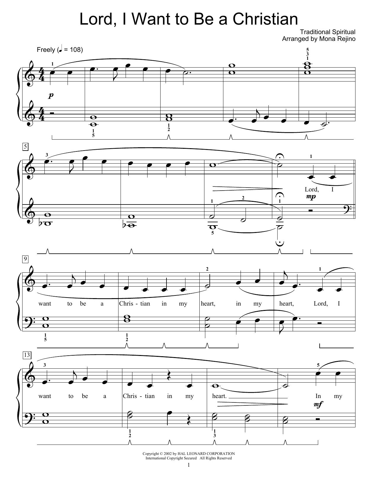 Traditional Spiritual Lord, I Want To Be A Christian (arr. Mona Rejino) sheet music notes and chords arranged for Educational Piano