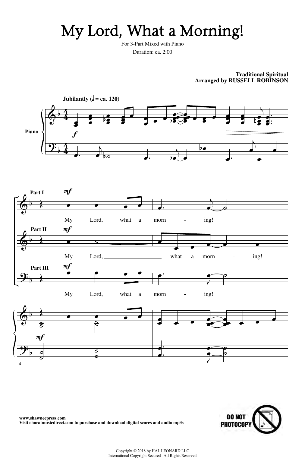 Traditional Spiritual My Lord, What A Morning (arr. Russell Robinson) sheet music notes and chords arranged for 3-Part Mixed Choir